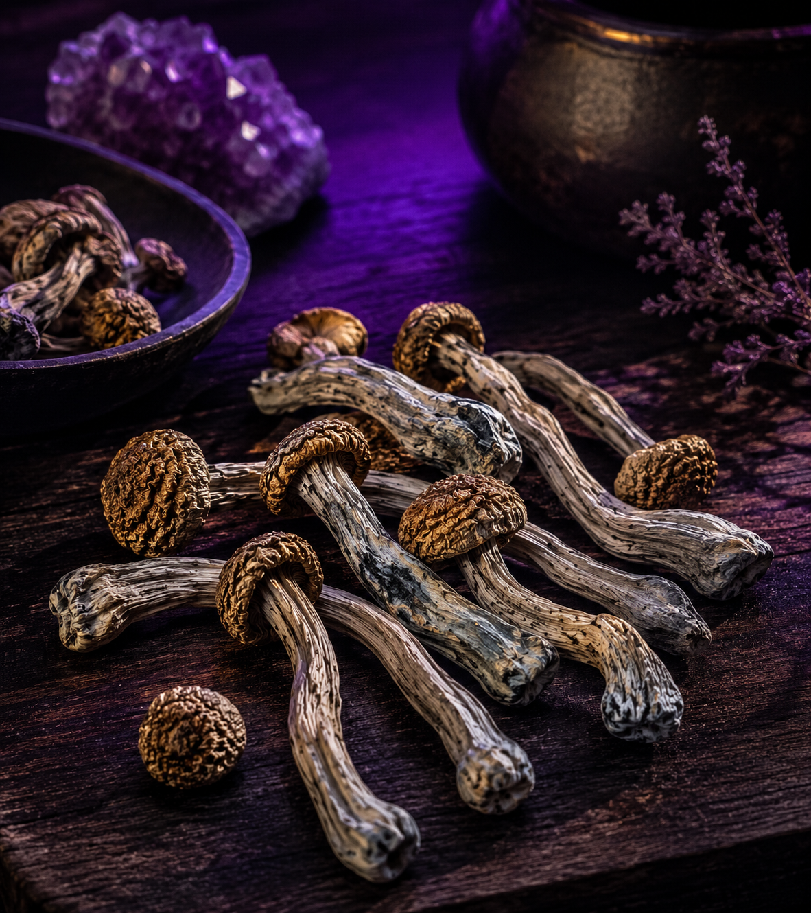 Dried psilocybin mushrooms arranged on a dark wooden surface with soft purple ambient lighting in a luxury wellness product photography style.