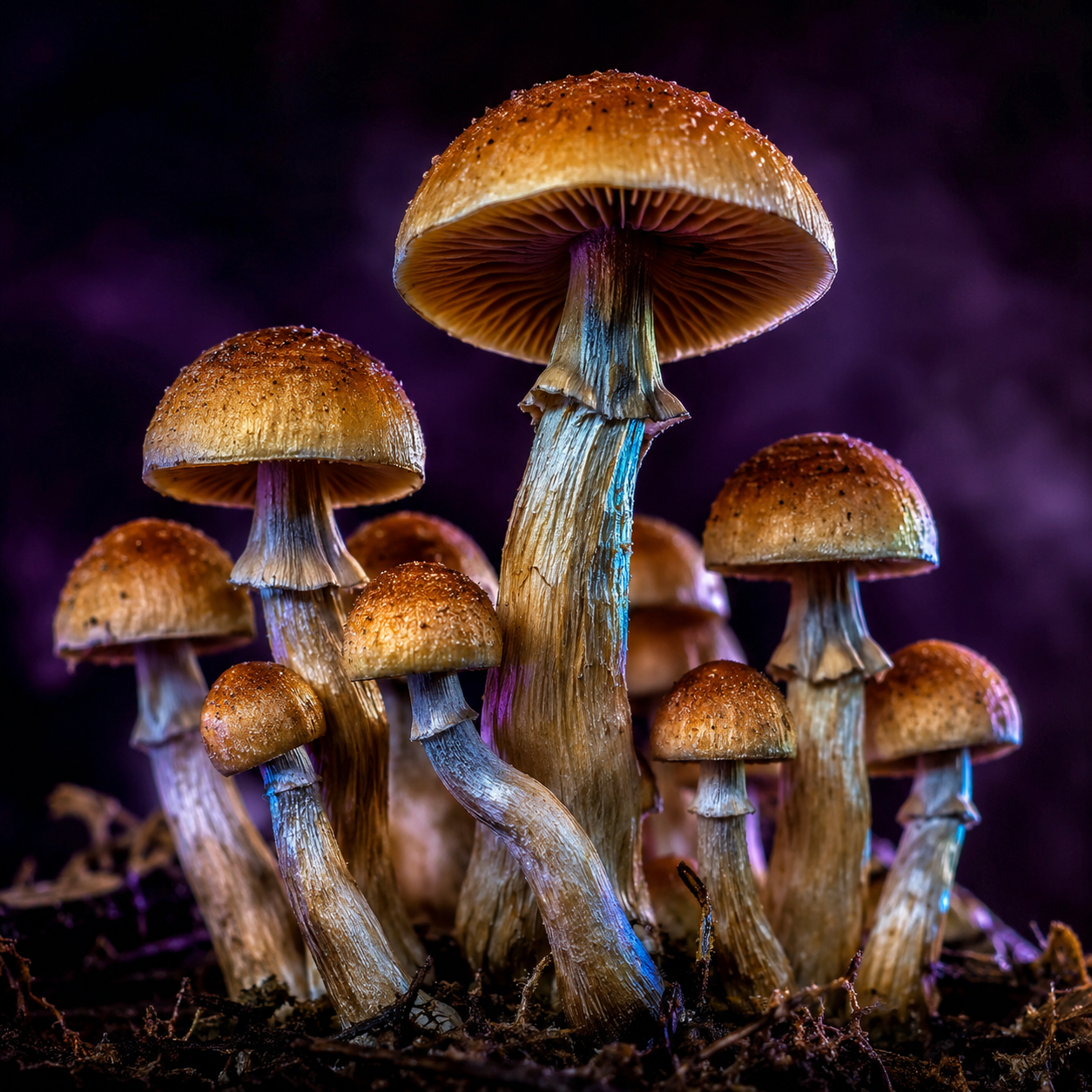 Golden Teacher psilocybin mushrooms in macro close-up with mystical purple lighting on a dark background.