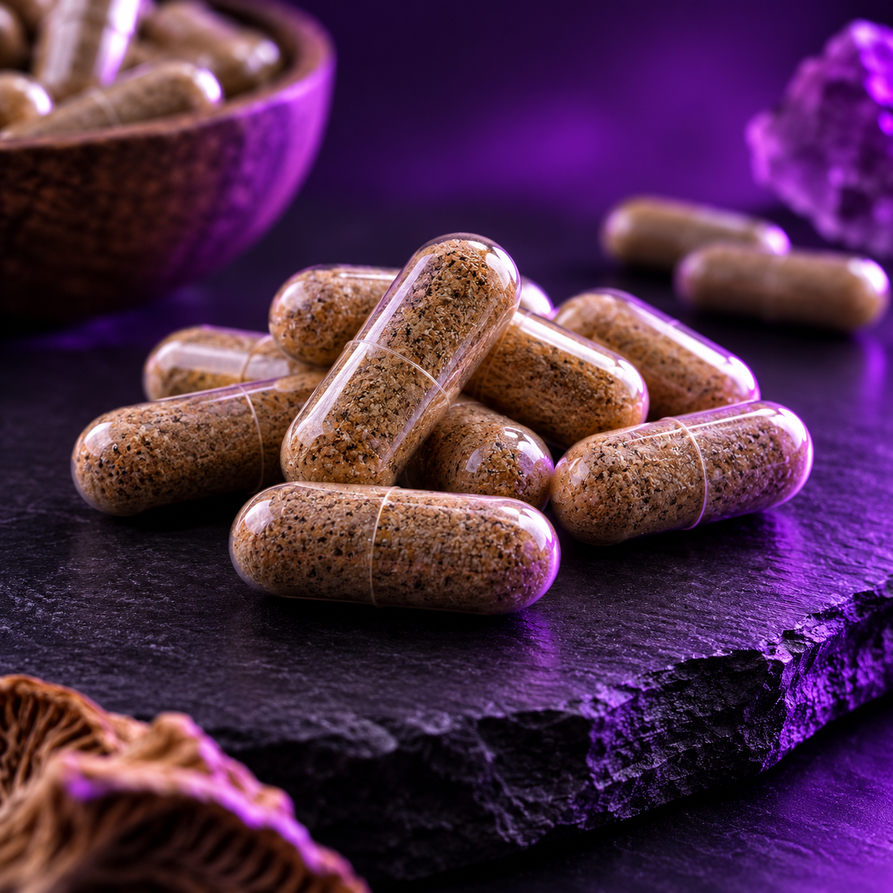 Minimalist microdose capsule pills arranged on a dark slate surface with soft purple accent lighting in a luxury wellness aesthetic.