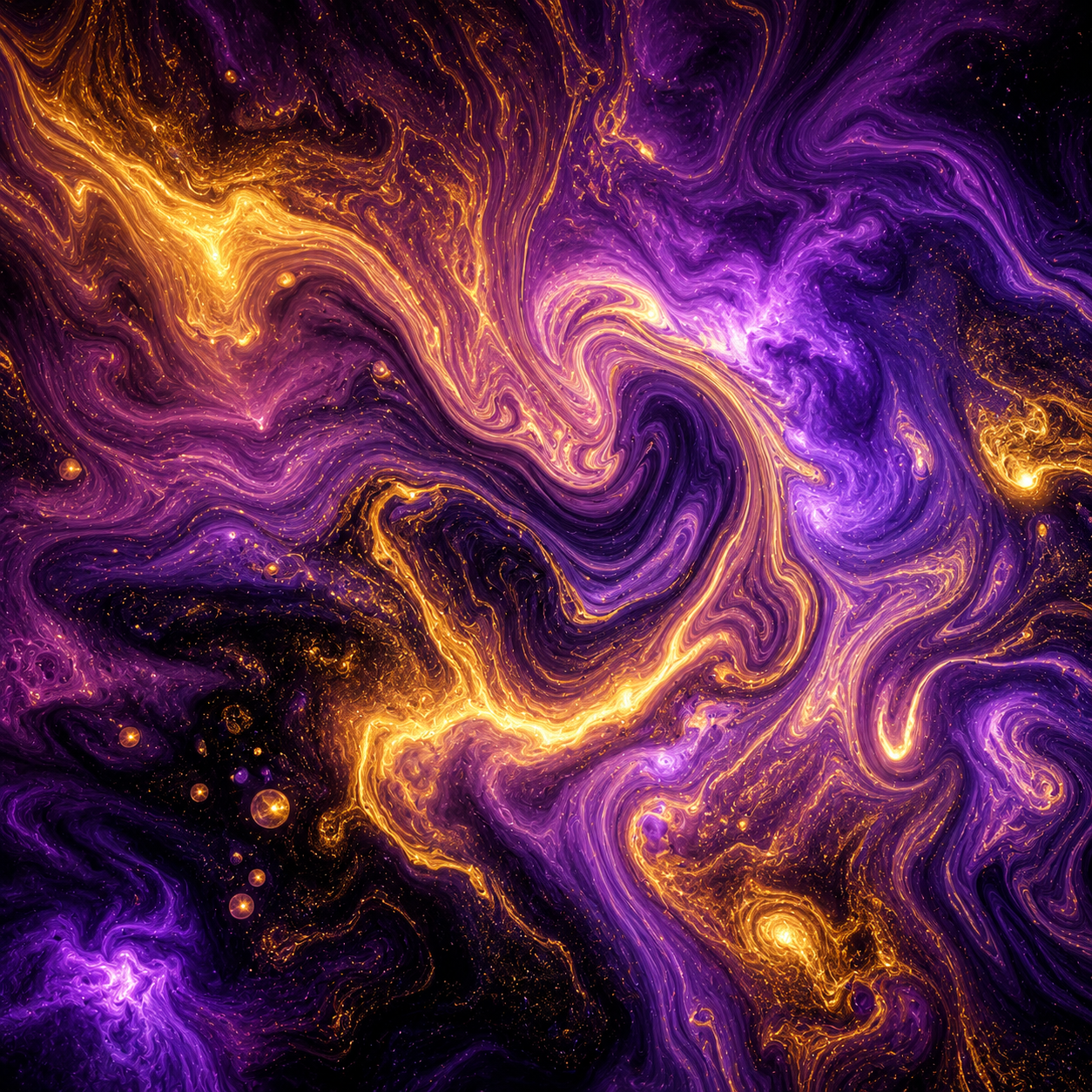 Abstract liquid psychedelic swirls in deep purple, gold, and violet with a mystical cosmic atmosphere in digital art style.
